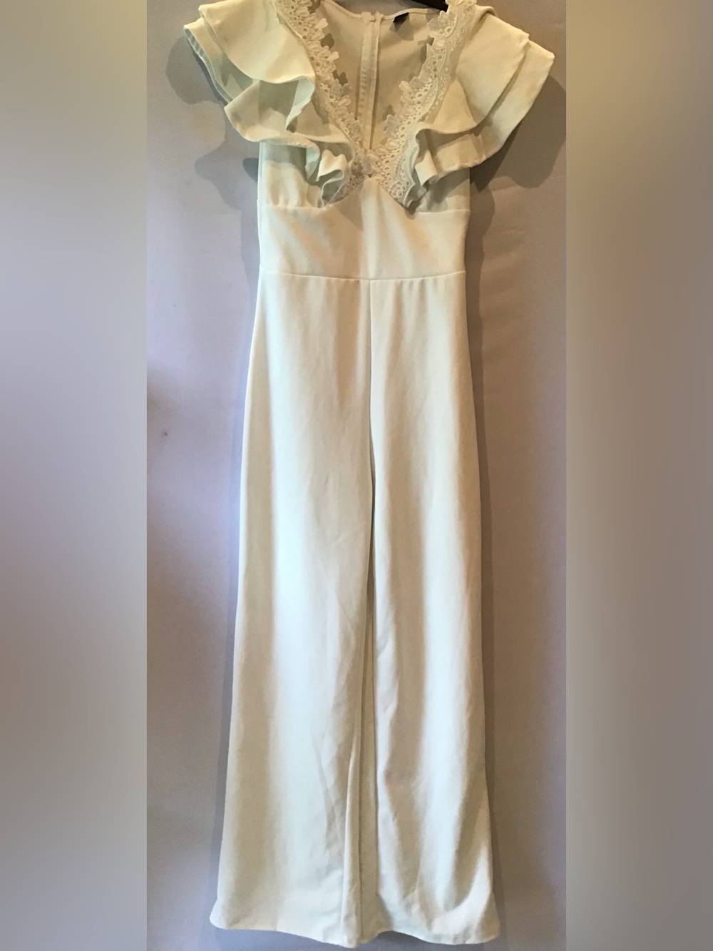 SHEIN Cream Ruffle Lace V-Neck Jumpsuit